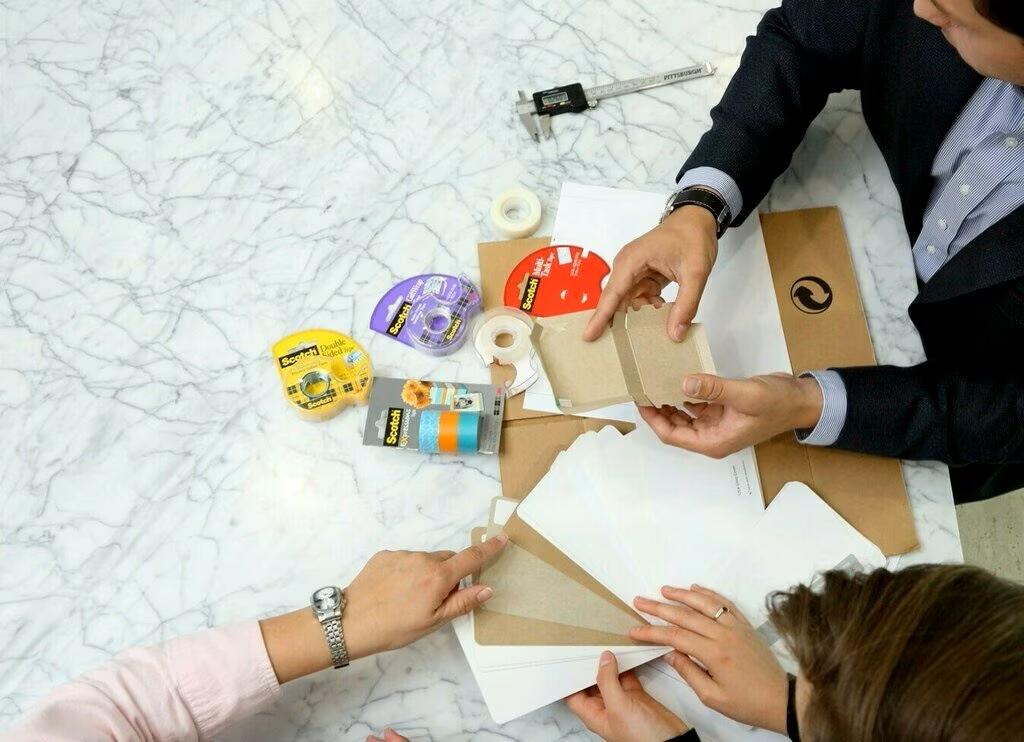 Post-it notes blister pack made from recycled PET. People looking at different sustainable packaging solutions for Scotch Brand products